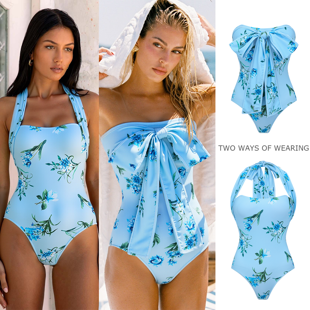 Two Ways Bowknot Floral Printed One Piece Swimsuit and Skirt