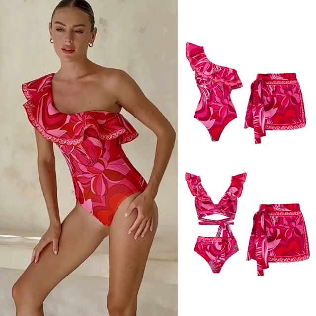 One Shoulder Ruffle Printed One Piece Swimsuit and  Sarong or Shorts