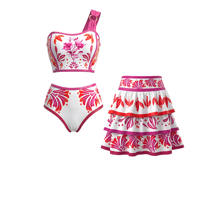 One-Shoulder Fuchsia & Coral Print Floral Two-Piece Swimsuit Set(s)