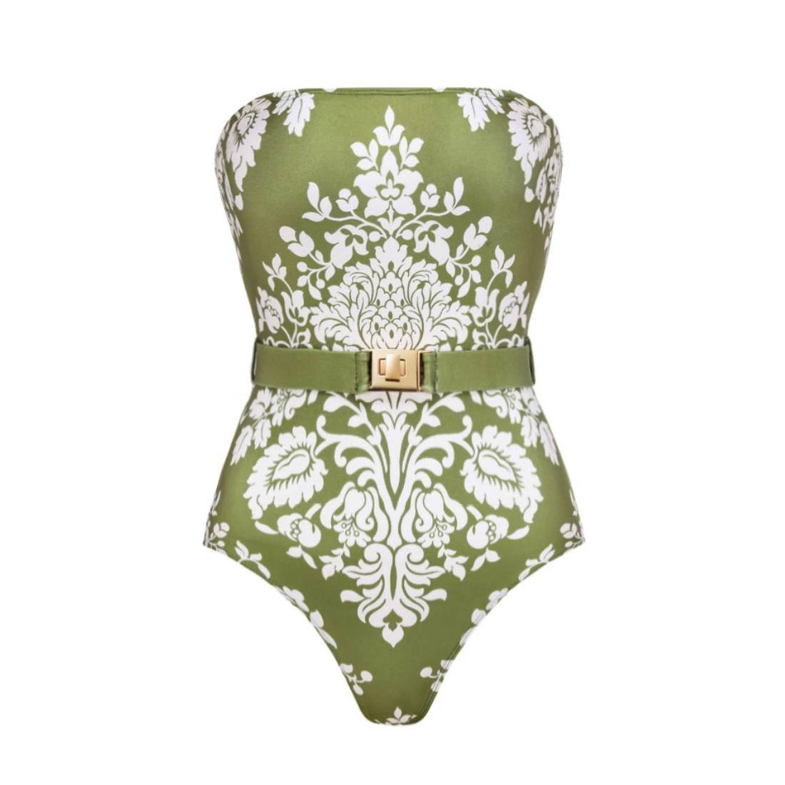 Retro Print Removable Belt Detail Sling One Piece Swimsuit and Sarong Flaxmaker