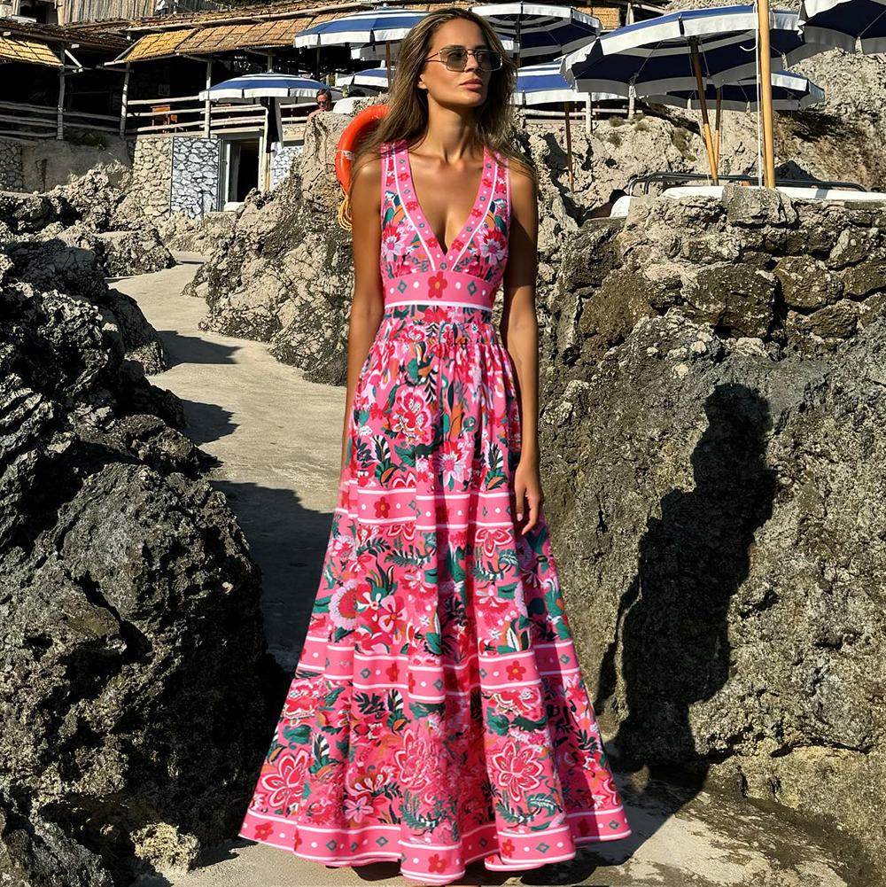 Pink Floral Paradise Print V-neck One Piece Swimsuit and Skirt