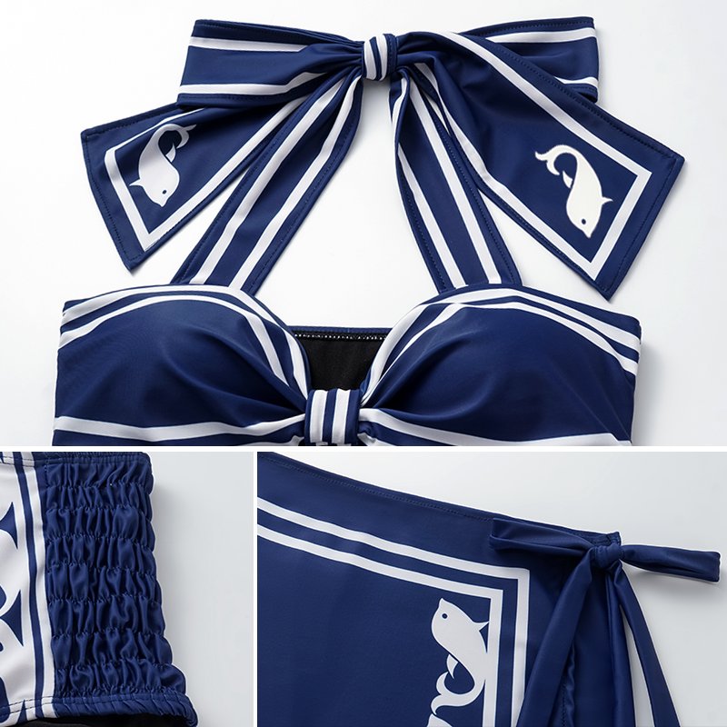 Plus Size Navy Style Printed Bow Tie Decor Bikini Swimsuit and Skirt