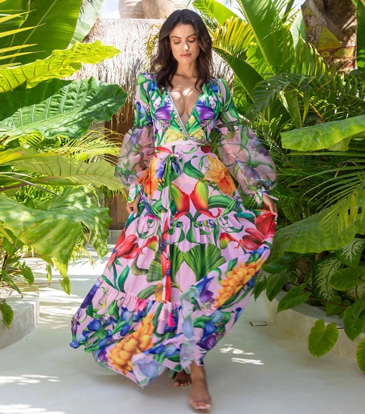 V-neck Long Sleeve Flowers Printed One Piece Swimsuit and Skirt