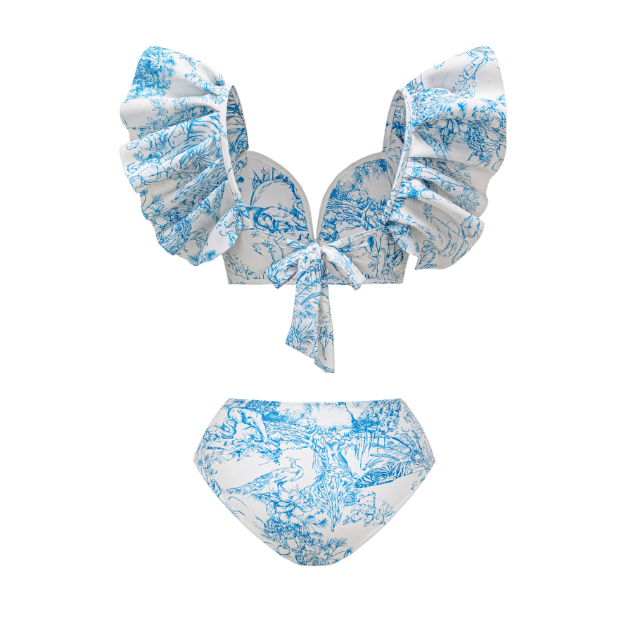 Ruy Print Net Yarn Splicing Bikini Swimsuit and Tiered Skirt