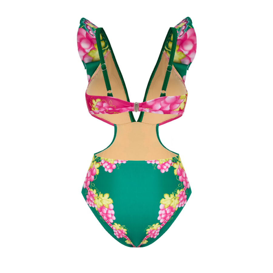 Ruffled Deep V Cutout Retro Green Grapes Print One Piece Swimsuit and Skirt