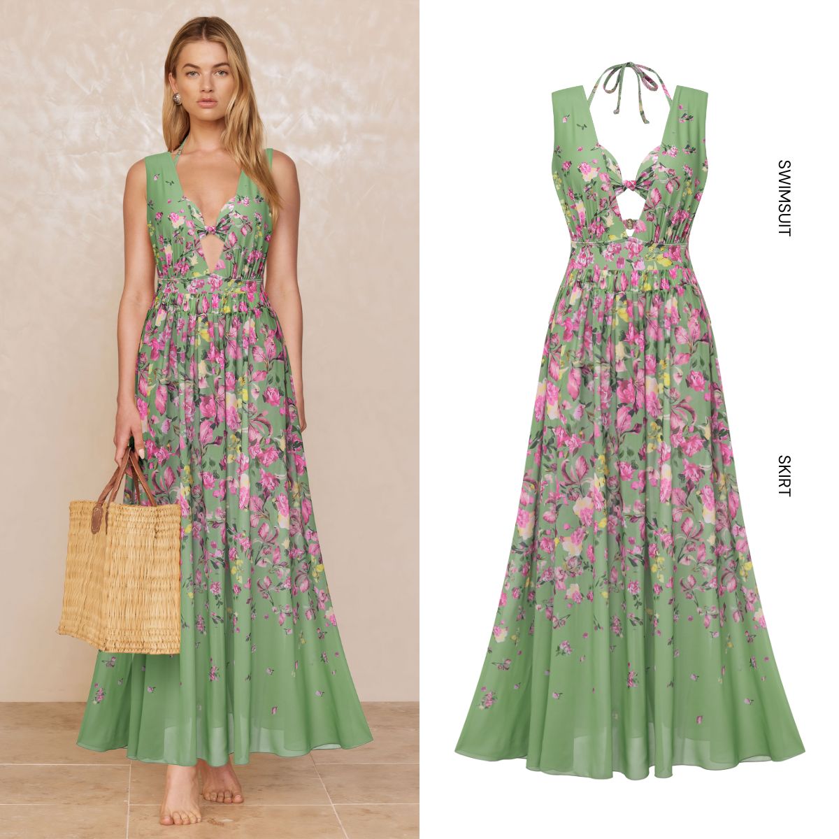 Floral Top & Plunging Ruched Swim Set and Skirt