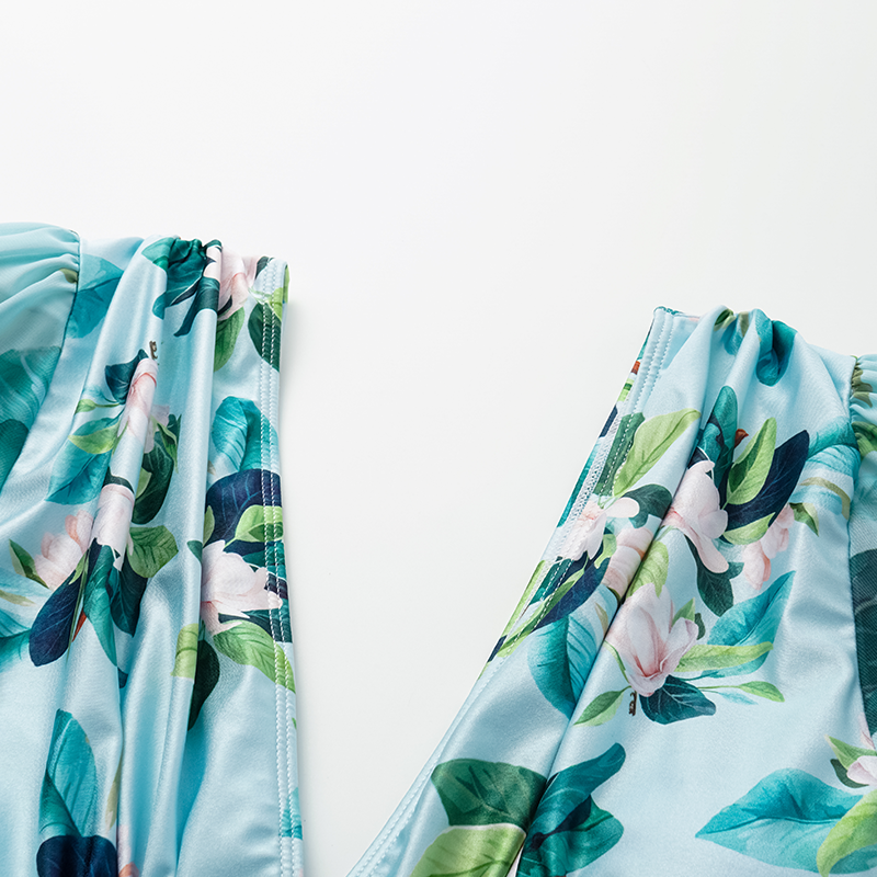 Long-sleeved Mangnolia Print One Piece Swimsuit and Skirt