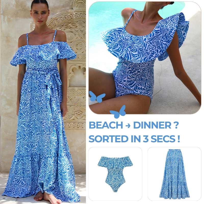 Ruffle Printed One Piece Swimsuit and Skirt