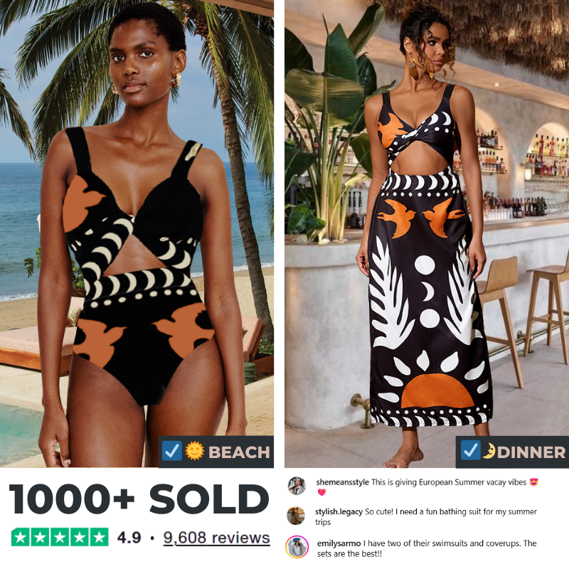 Retro Print Cutout One Piece Swimsuit and Skirt Flaxmaker