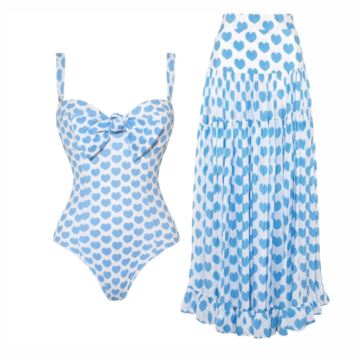 Bowknot Heart Print One Piece Swimsuit and Skirt