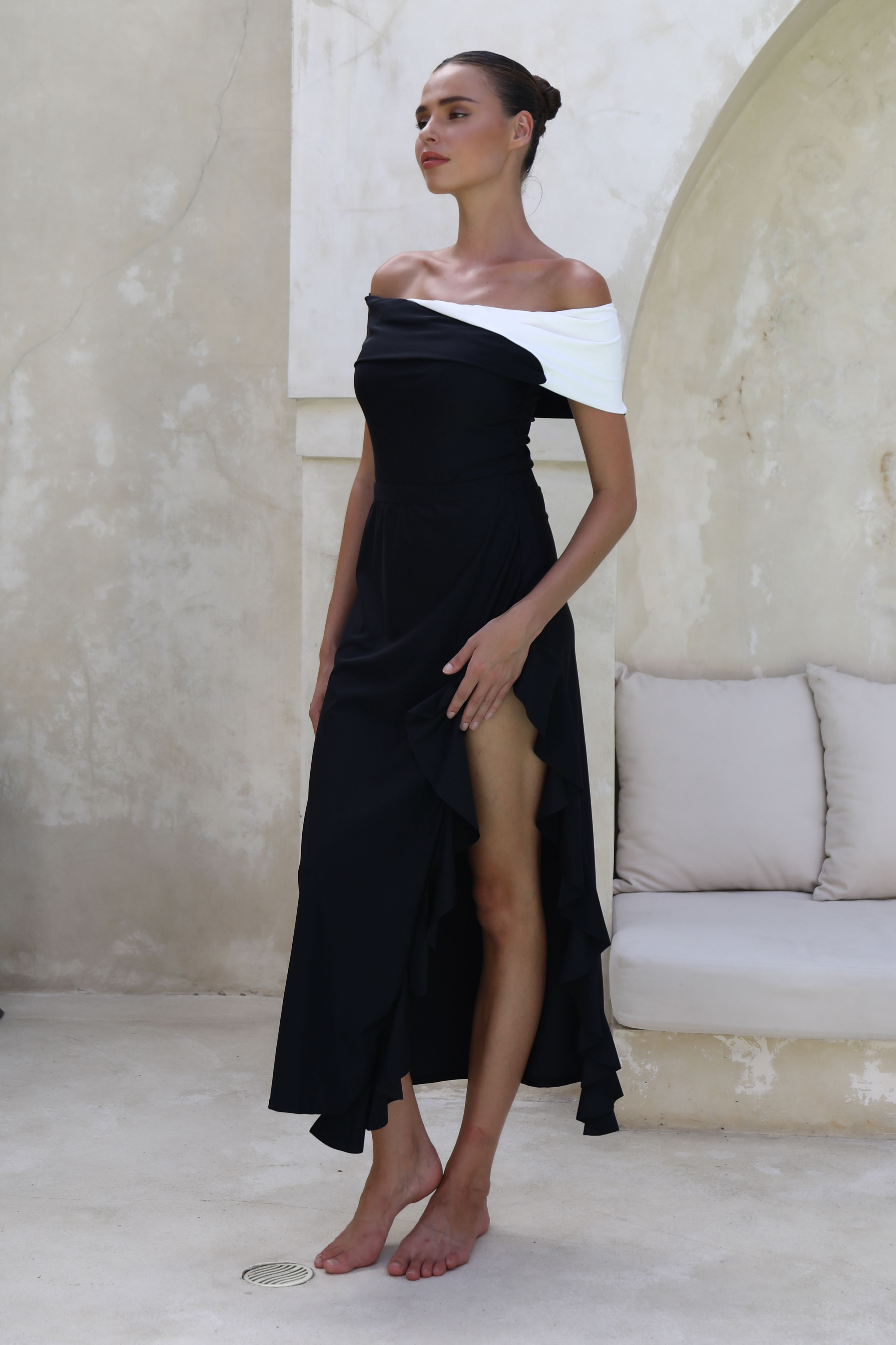 Off Shoulder Color Block One Piece Swimsuit and Skirt