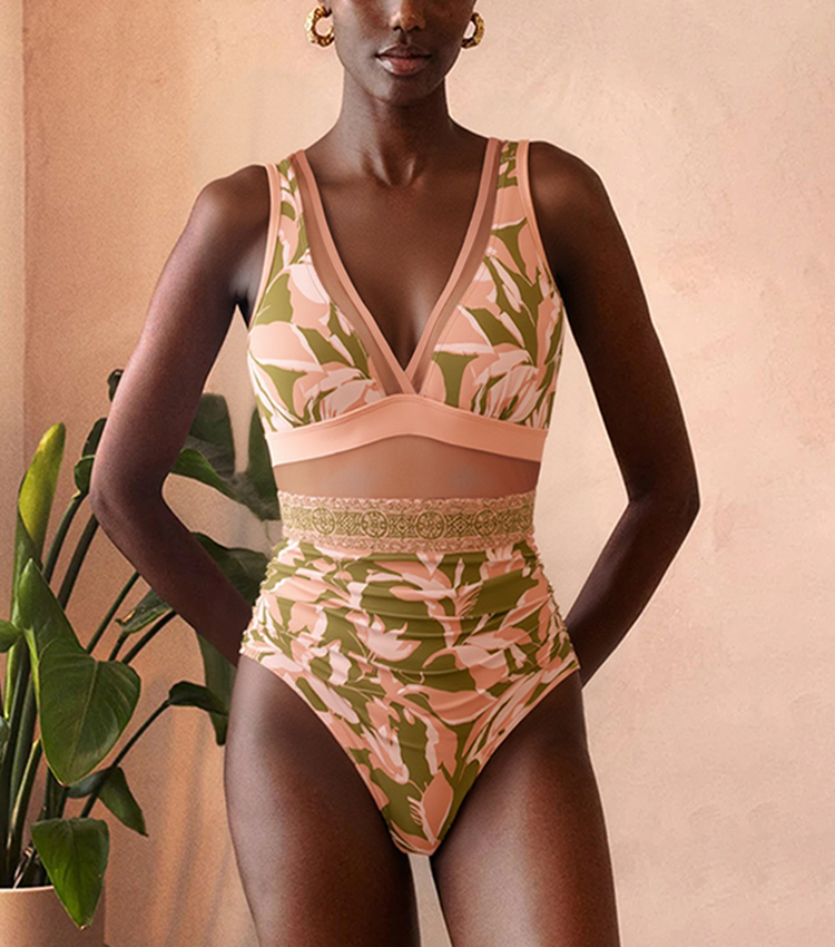 V Neck Mesh Splicing Print Swimsuit Set(s)