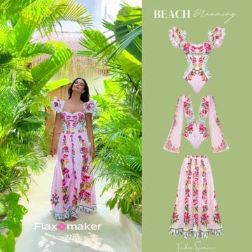 Long sleeves Bow-tie Lemon Floral Pattern Print One Piece Swimsuit and Skirt