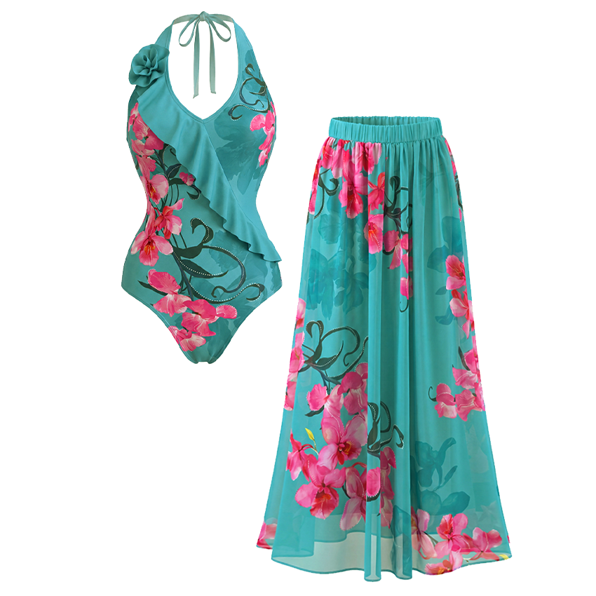[Copy]Blue-Pink-Orange Gradient Beaded Braided Floral Swimsuit Set(s)