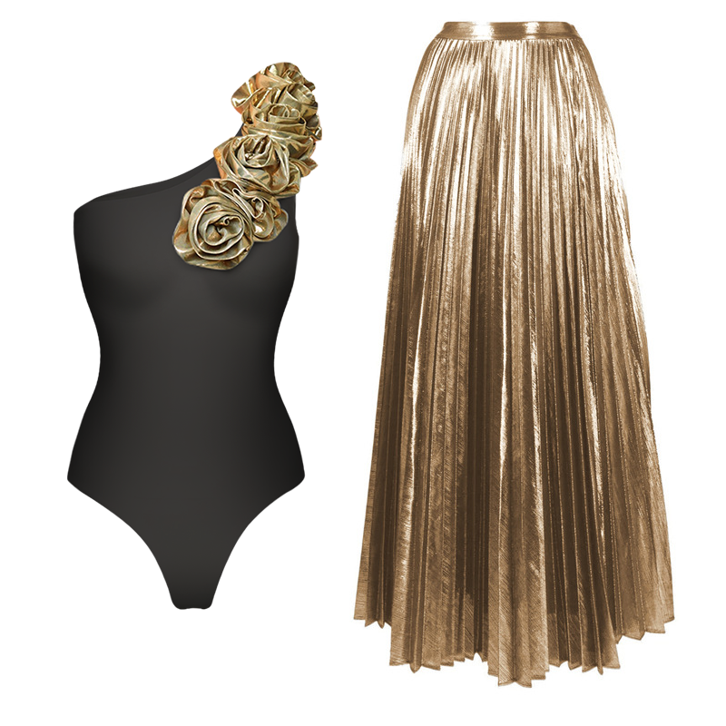 Golden 3D Flower Black or White One Piece Swimsuit  and Skirt
