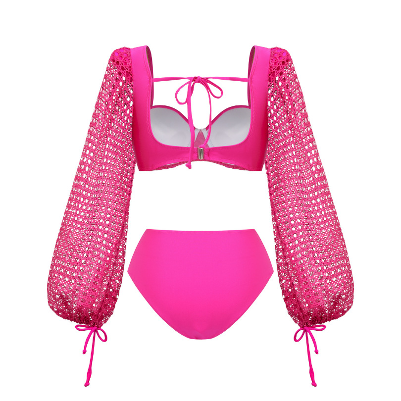 Mesh Hollow Splicing Long-sleeved Underwired Bikini Swimsuit and Sarong