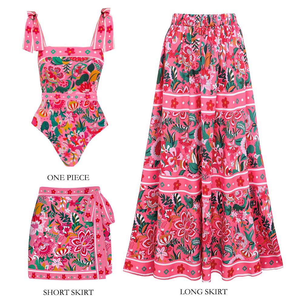 Pink Floral Paradise Print One Piece Swimsuit and Skirt