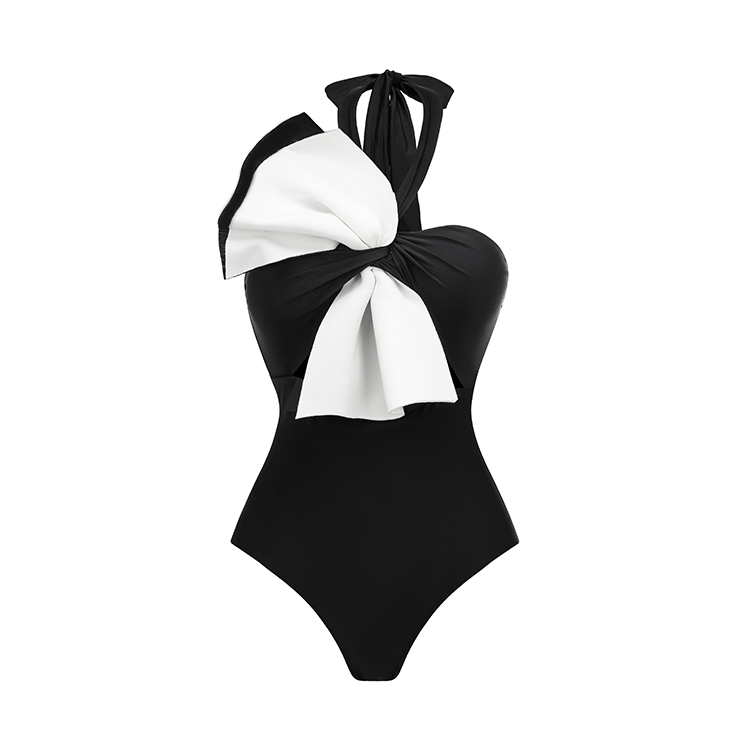 Halter Bow Color Block One Piece Swimsuit and Skirt Flaxmaker