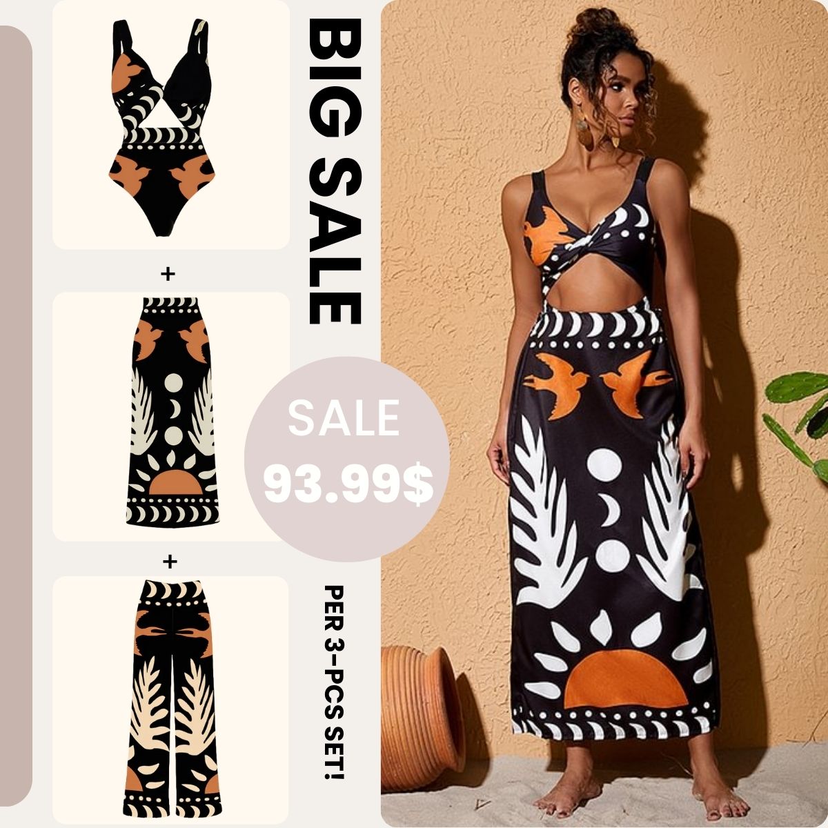 Retro Print Cutout One Piece Swimsuit and Skirt Flaxmaker