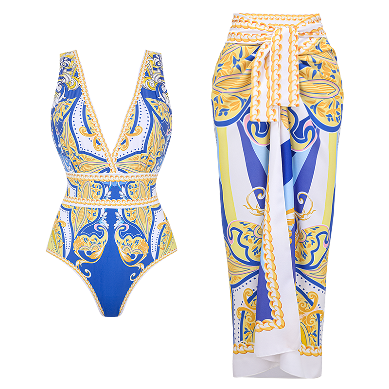 V Neck Pattern Print One Piece Swimsuit and Sarong or Pants