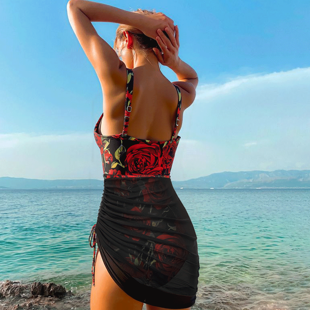 Plus Size V Neck Printed Tummy Control Slimming Mesh Sheer Swim Dress