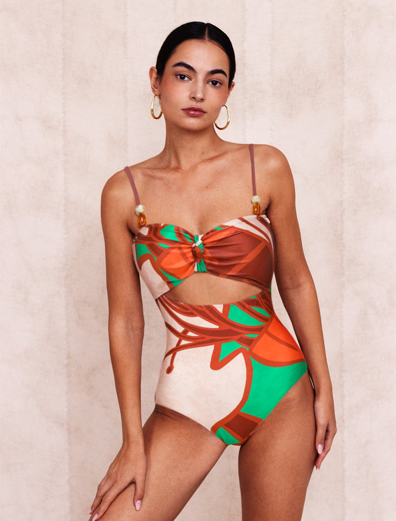 Sling Cut Out Artificial Stone One Piece Swimsuit and Sarong Flaxmaker