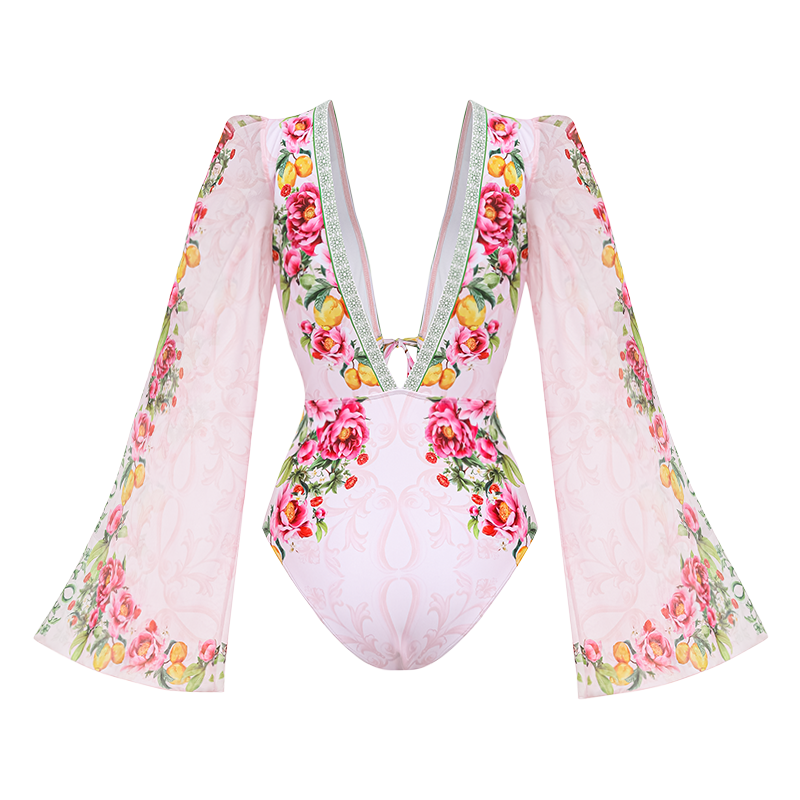 Long sleeves Bow-tie Lemon Floral Pattern Print One Piece Swimsuit and Skirt