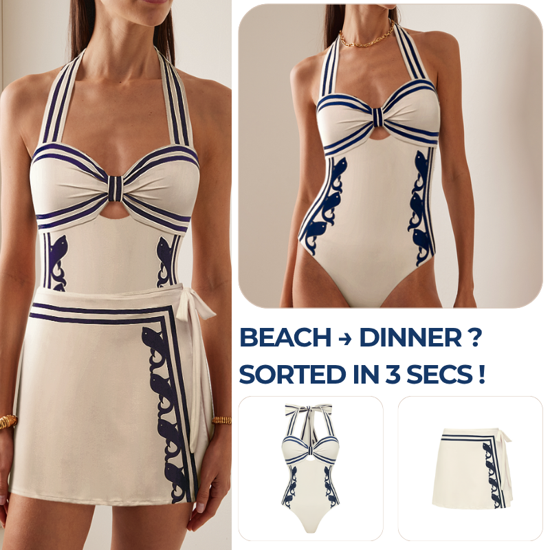 Navy Style Printed Bow Tie Decor One Piece Swimsuit and Skirt
