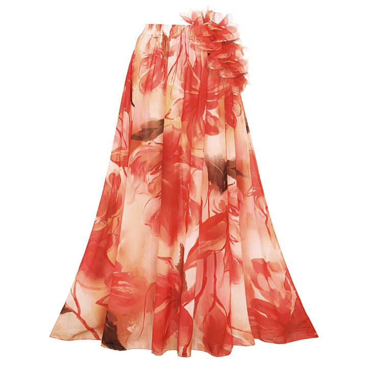 Ruffle Shoulder Flower Print One Piece Swimsuit and Skirt