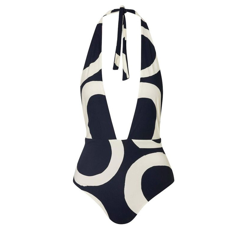 Halter V Neck Geometric Print One Piece Swimsuit and Sarong Flaxmaker