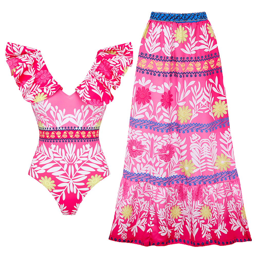 V Neck Ruffle Printed One Piece Swimsuit and Skirt