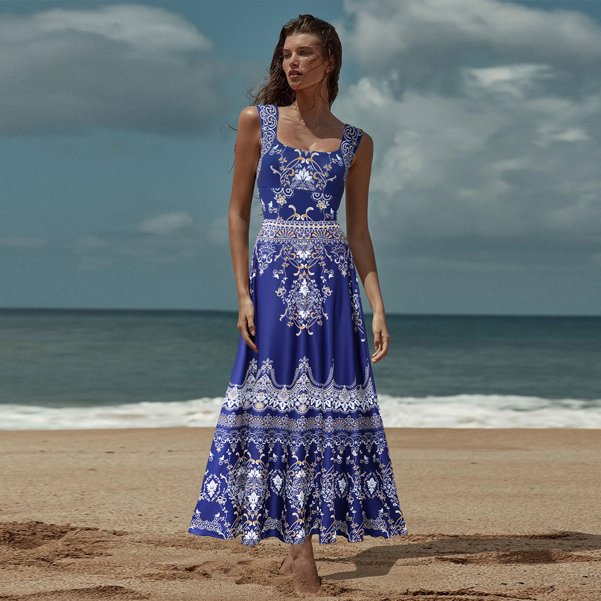 Royal Blue Baroque Print One Piece Swimsuit and Skirt