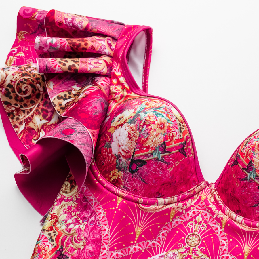 Ruffled Rose Red Blooming Flower Print One Piece Swimsuit and Skirt