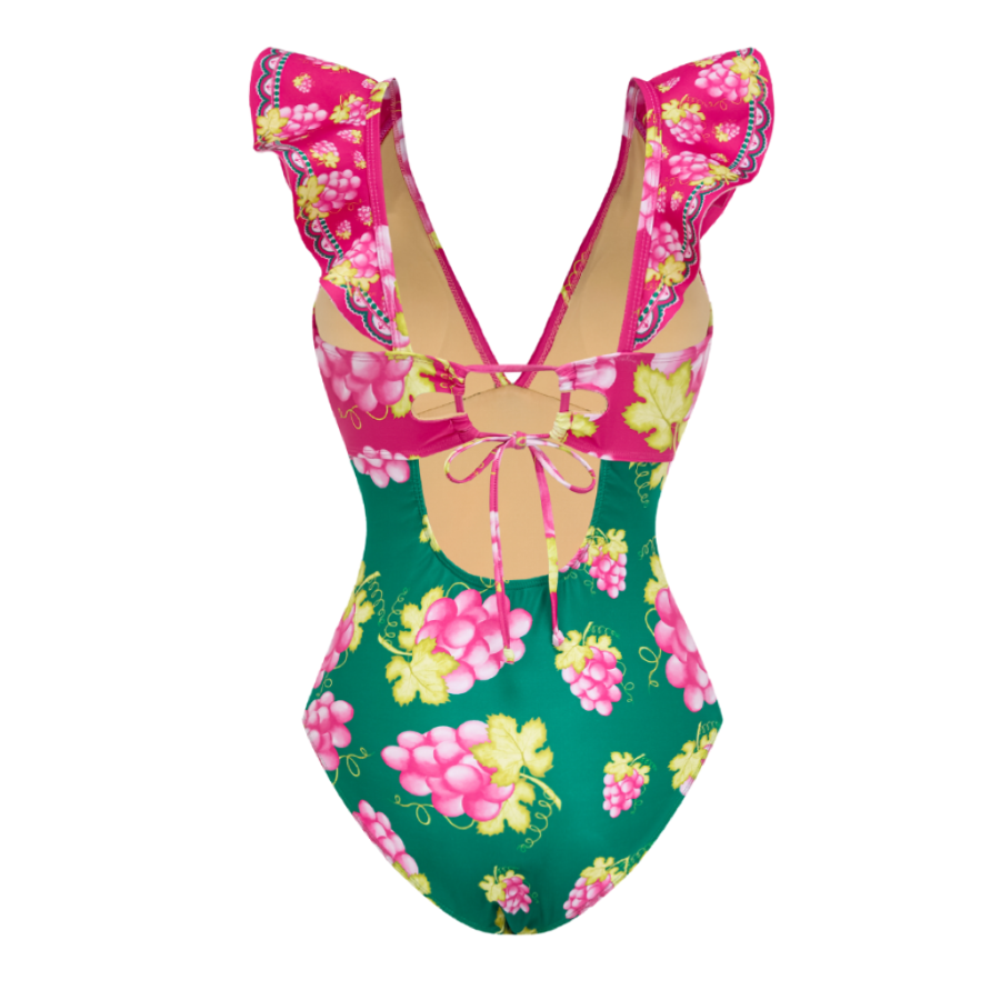 Ruffled Deep V Retro Green Grapes Print One Piece Swimsuit and Skirt