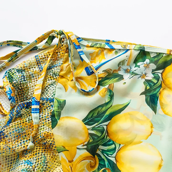 Ruffle Starp Push Up Lemon Print One Piece Swimsuit and Mesh Panel Sarong Flaxmaker