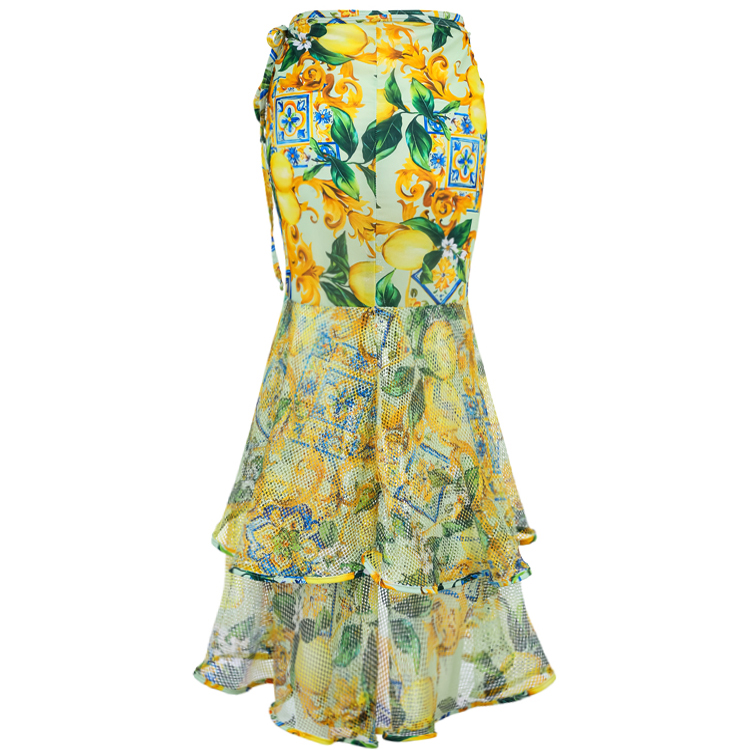 Ruffle Starp Push Up Lemon Print One Piece Swimsuit and Mesh Panel Sarong Flaxmaker