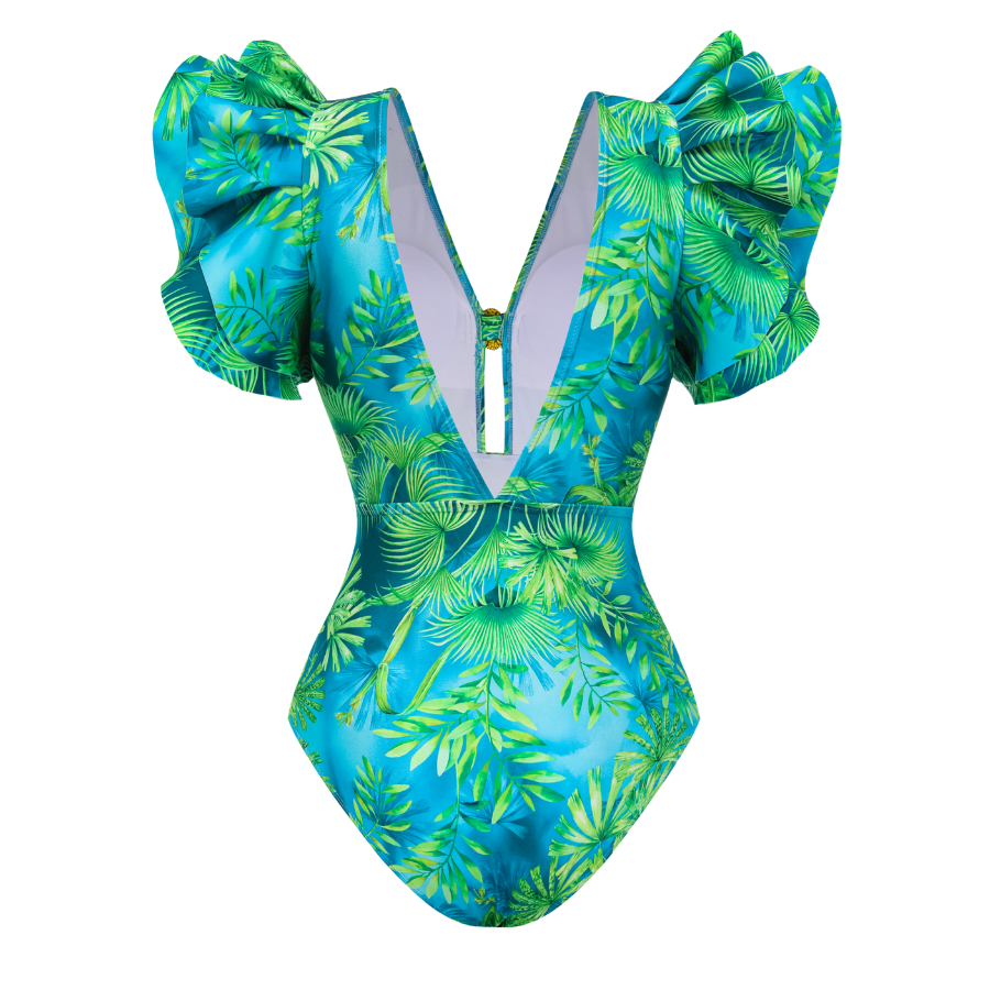 Ruffled Jungle Green Print One Piece  Swimsuit and Skirt