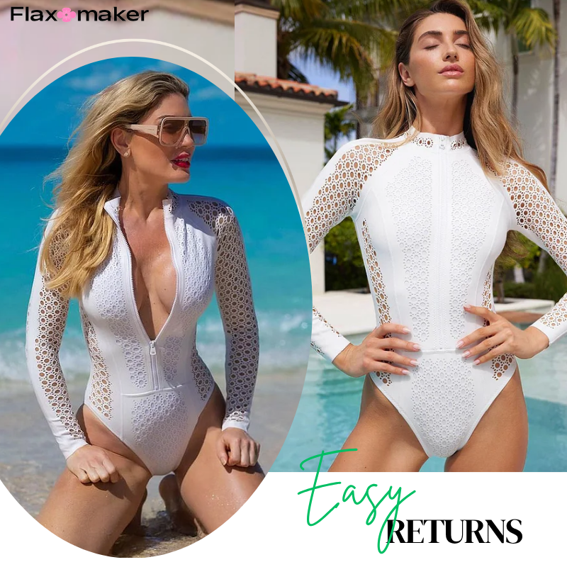 Zip Long Sleeve Cut Out White One Piece Swimsuit Surfsuit