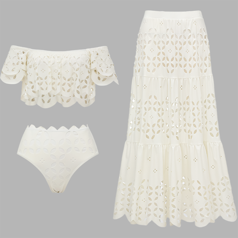 White Laser Hollowing Bikini Swimsuit and Skirt