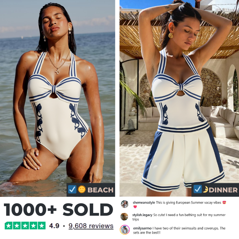 Navy Style Printed Bow Tie Decor One Piece Swimsuit and Skirt