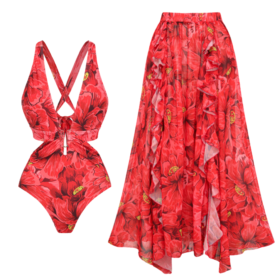 Blooming Red Flower Print Cut Out One Piece Swimsuit and Skirt