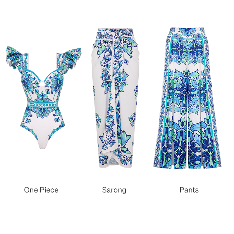 Ruffle Majolica Print One Piece Swimsuit and Sarong or Pants