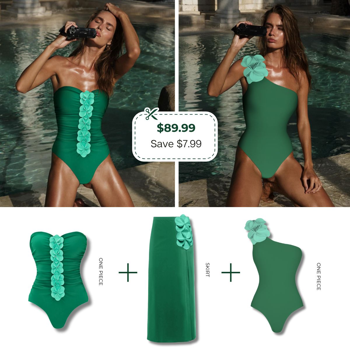 Bandeau 3D Flower One Piece Swimsuit and Skirt