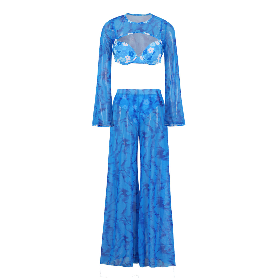 Long Sleeve  Floral Print Bikini Swimsuit and Pants