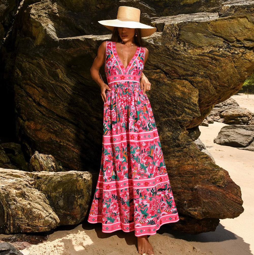 Pink Floral Paradise Print V-neck One Piece Swimsuit and Skirt