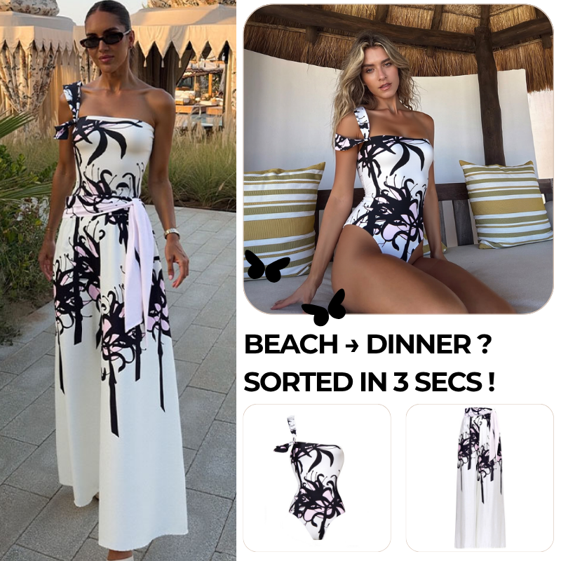 One Shoulder Black and White Blossom Print One Piece Swimsuit and Pants