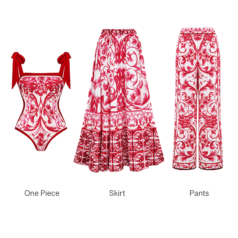 Reversible Tie-shoulder Baroco Style Printed One Piece Swimsuit and Skirt Flaxmaker