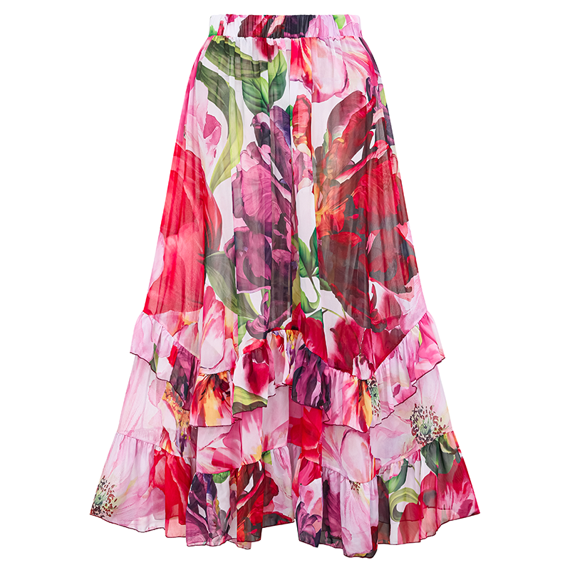 Ruffle Cut Out Floral Printed One Piece Swimsuit and Skirt