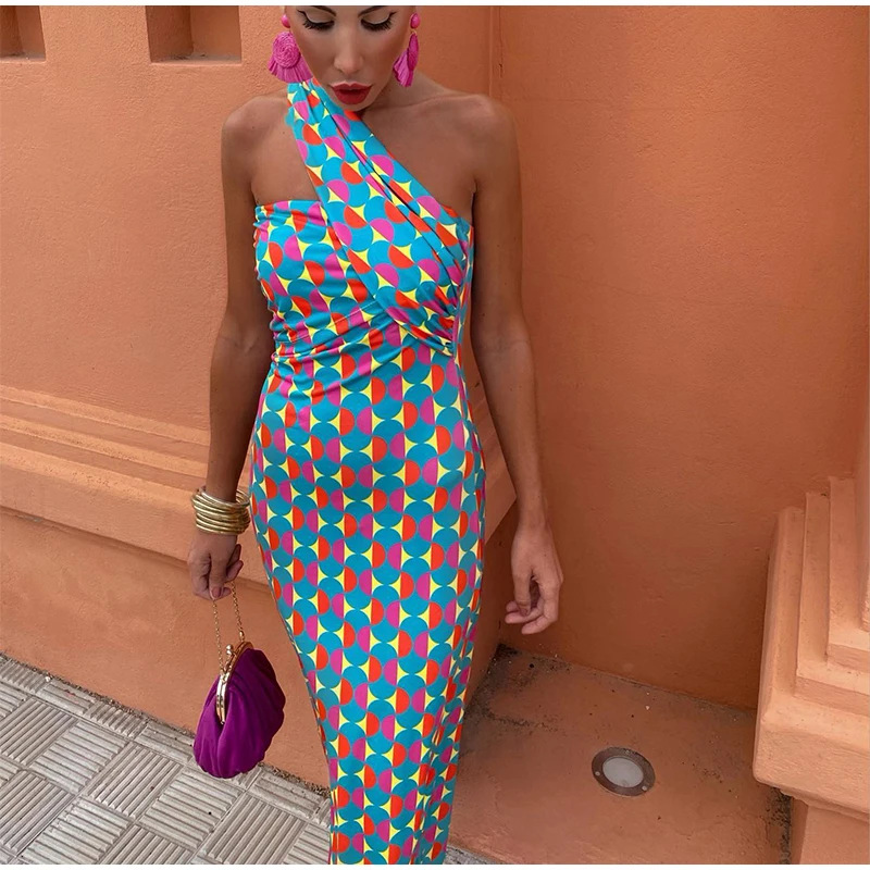 Oblique Shoulder Printed Dress