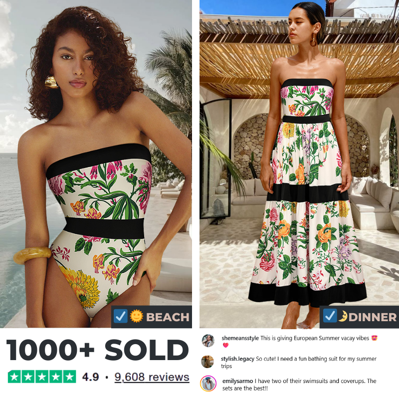 Off Shoulder Back Bow Tie Color Block Printed One Piece Swimsuit and Skirt Flaxmaker